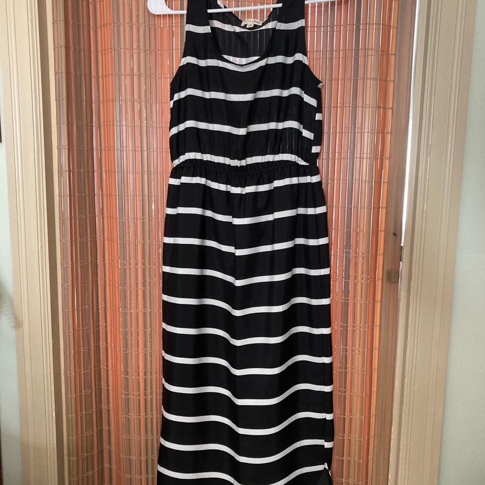 Maison Jules Black and White Striped Midi Dress